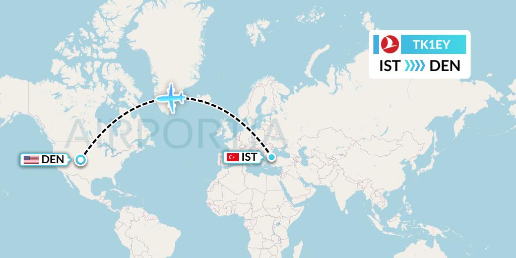 TK1EY Turkish Airlines Flight Map: Istanbul to Denver
