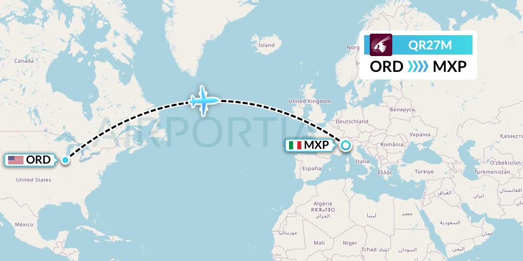 QR27M Qatar Airways Flight Map: Chicago to Milan