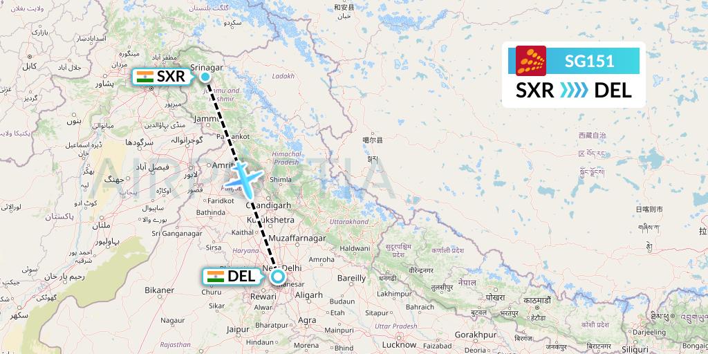 SG151 SpiceJet Flight Map: Srinagar to Delhi