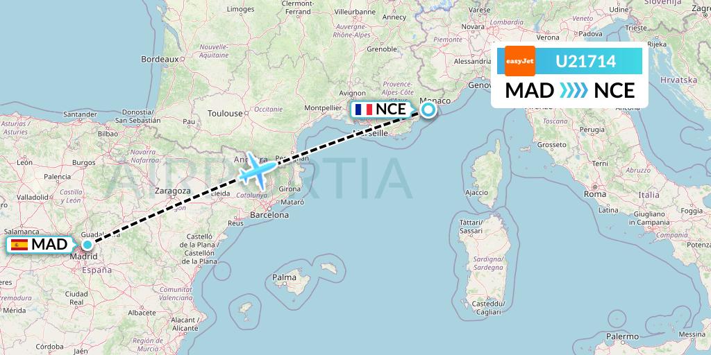 U21714 EasyJet Flight Map: Madrid to Nice
