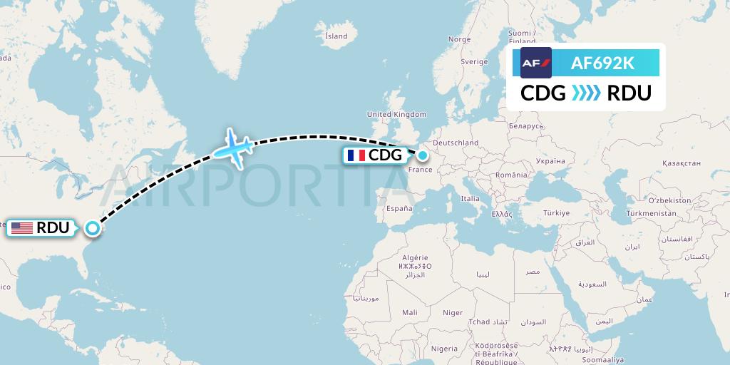 AF692K Air France Flight Map: Paris to Raleigh-Durham