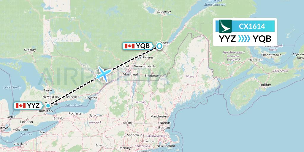 CX1614 Cathay Pacific Flight Map: Toronto to Quebec