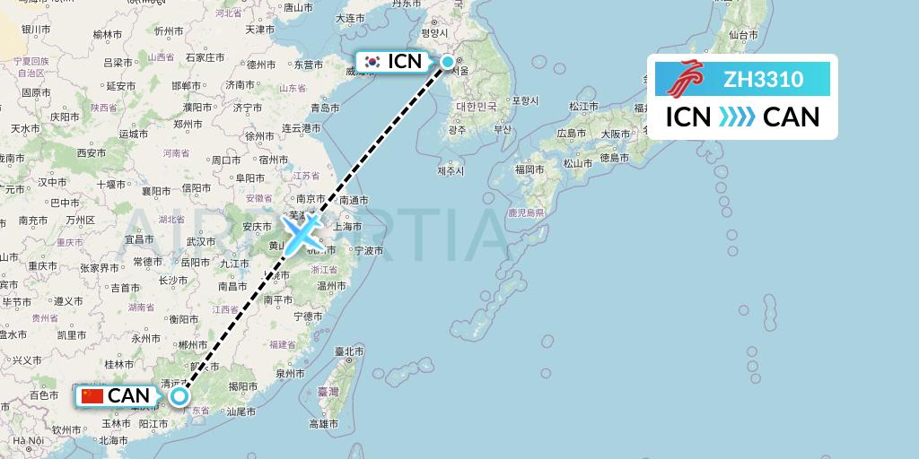 ZH3310 Shenzhen Airlines Flight Map: Seoul to Guangzhou