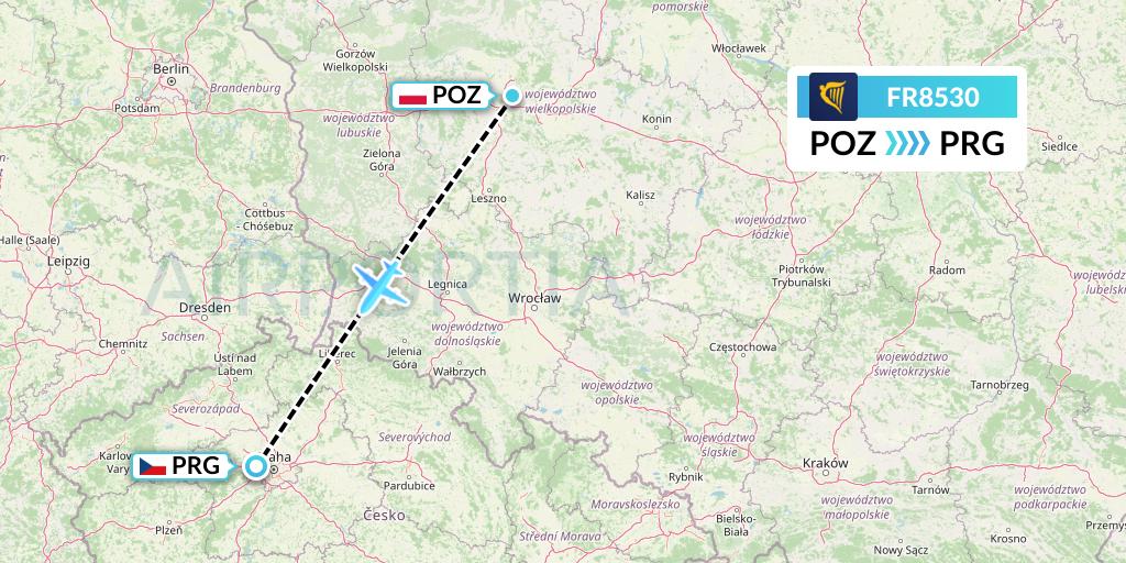 FR8530 Ryanair Flight Map: Poznan to Prague