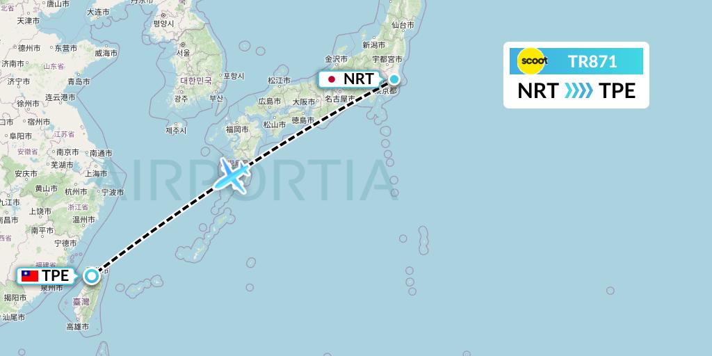 TR871 Tigerair Flight Map: Tokyo to Taipei