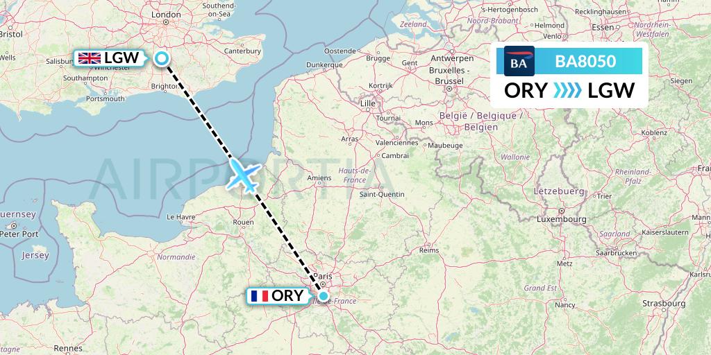 BA8050 British Airways Flight Map: Paris to London