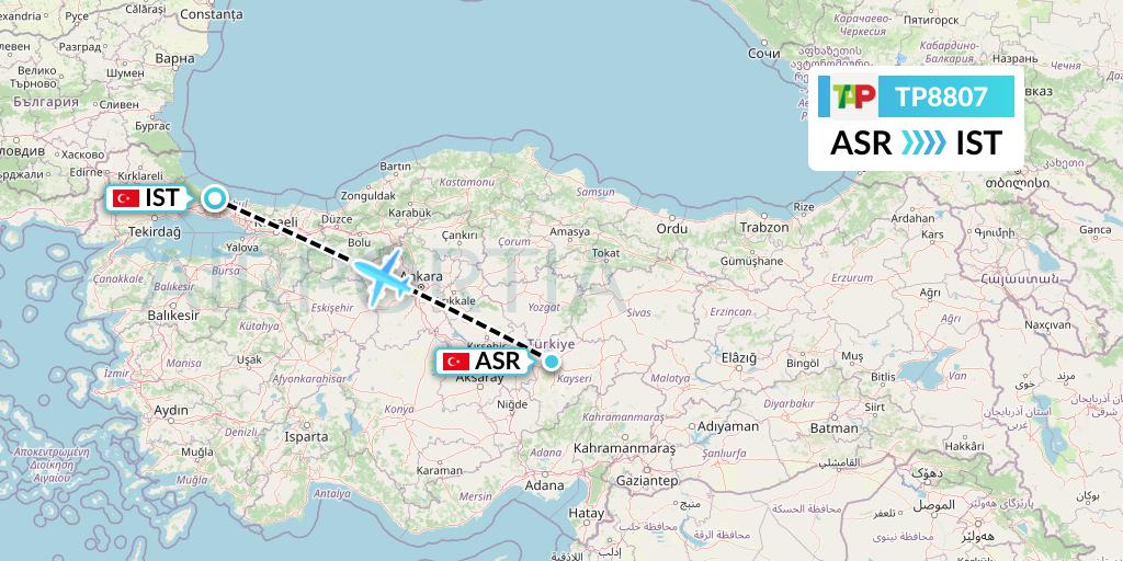 TP8807 TAP Portugal Flight Map: Kayseri to Istanbul