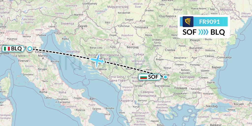 FR9091 Ryanair Flight Map: Sofia to Bologna