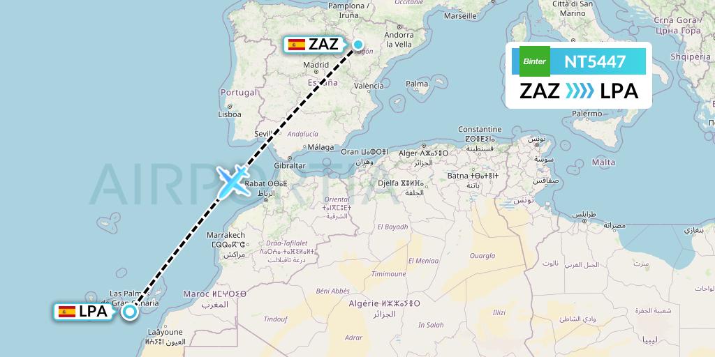NT5447 Binter Canarias Flight Map: Zaragoza to Las Palmas