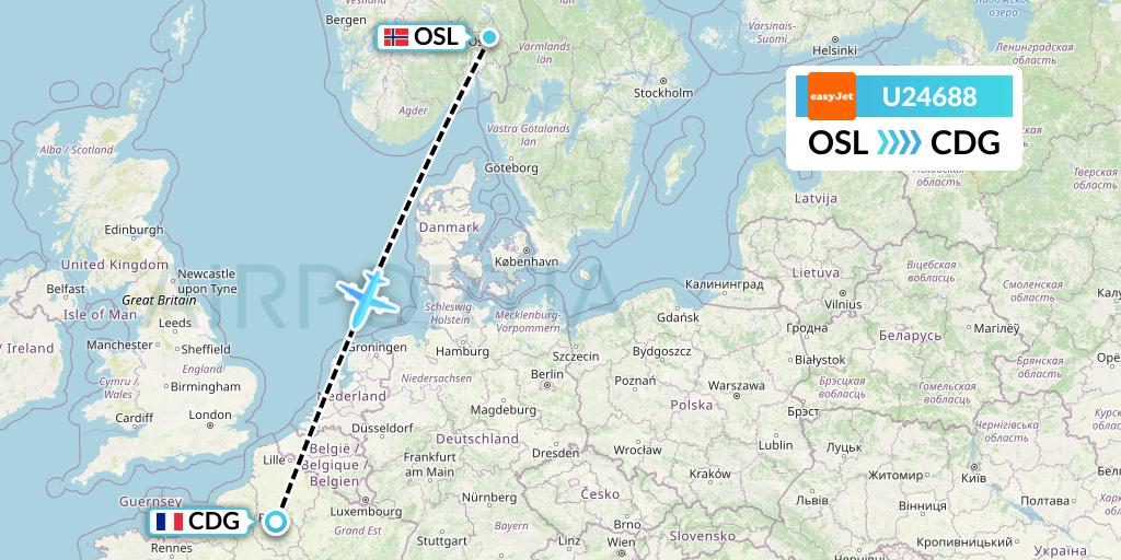 U24688 EasyJet Flight Map: Oslo to Paris