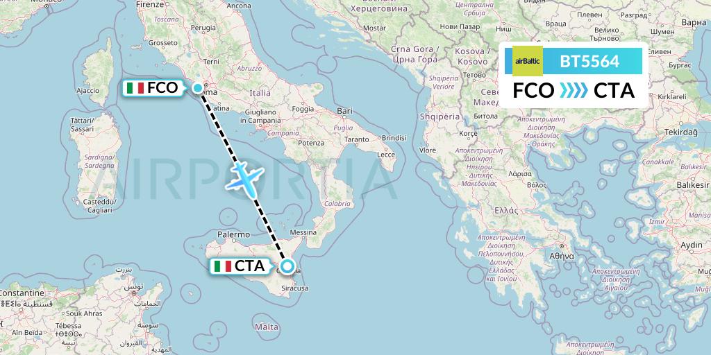 BT5564 Air Baltic Flight Map: Rome to Catania