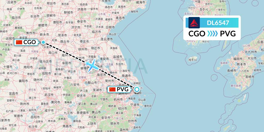 DL6547 Delta Air Lines Flight Map: Zhengzhou to Shanghai