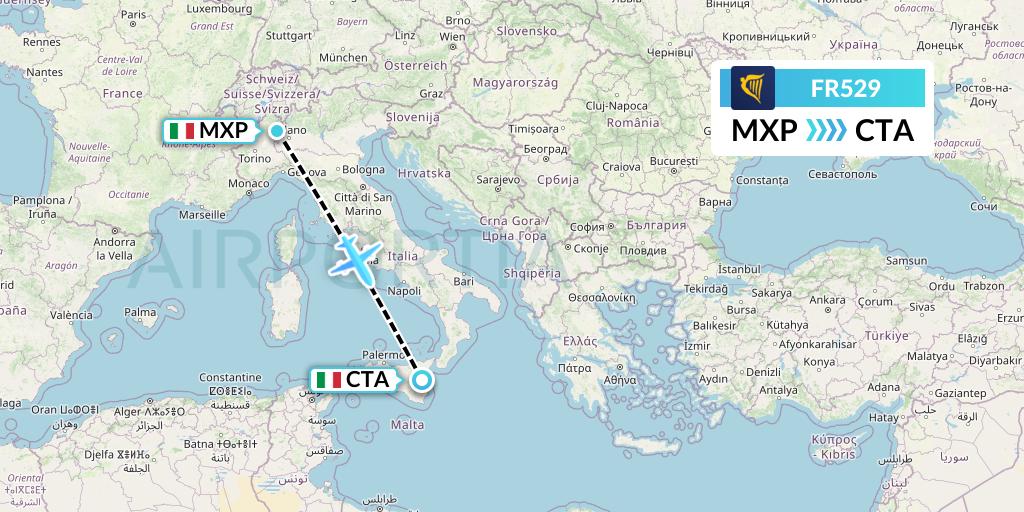 FR529 Ryanair Flight Map: Milan to Catania