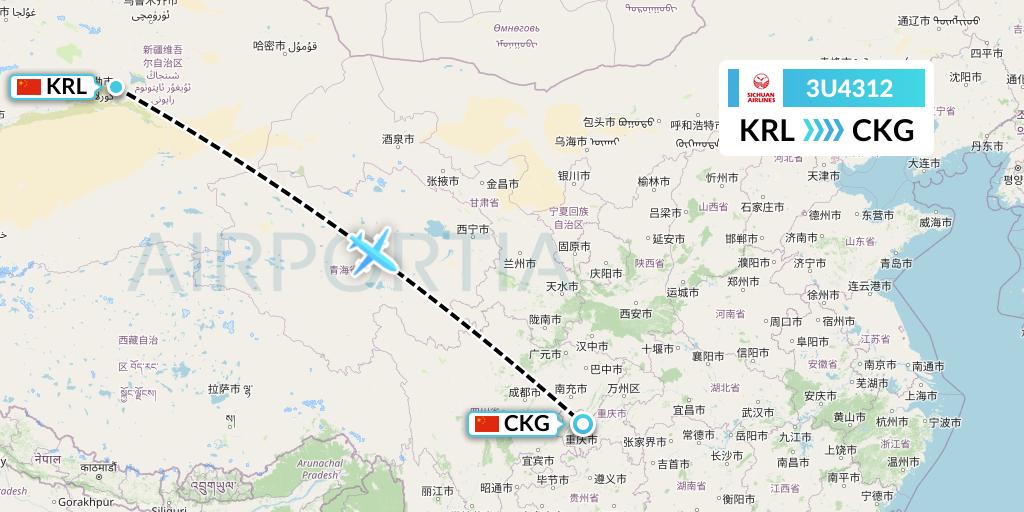 3U4312 Sichuan Airlines Flight Map: Korla to Chongqing