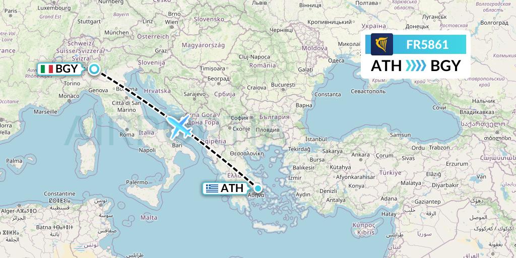 FR5861 Ryanair Flight Map: Athens to Milan
