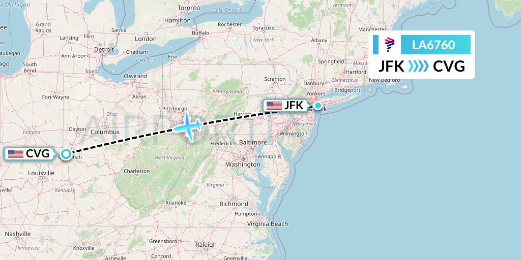 LA6760 LAN Airlines Flight Map: New York to Cincinnati