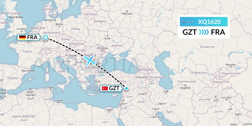 XQ1620 SunExpress Flight Map: Gaziantep to Frankfurt