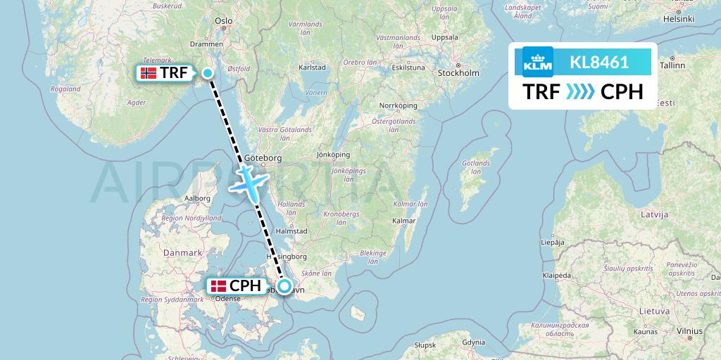 KL8461 KLM Flight Map: Oslo to Copenhagen