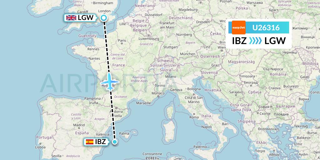 U26316 EasyJet Flight Map: Ibiza to London