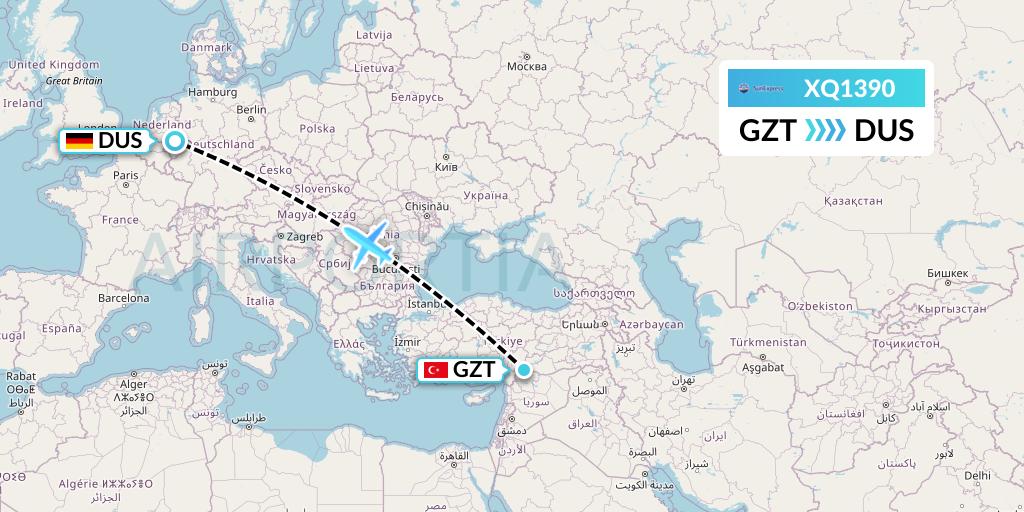 XQ1390 SunExpress Flight Map: Gaziantep to Dusseldorf