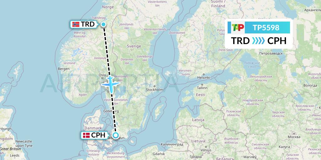 TP5598 TAP Portugal Flight Map: Trondheim to Copenhagen