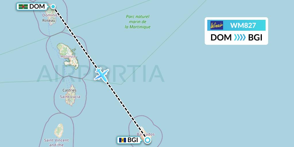 WM827 Winair Flight Map: Dominica to Bridgetown