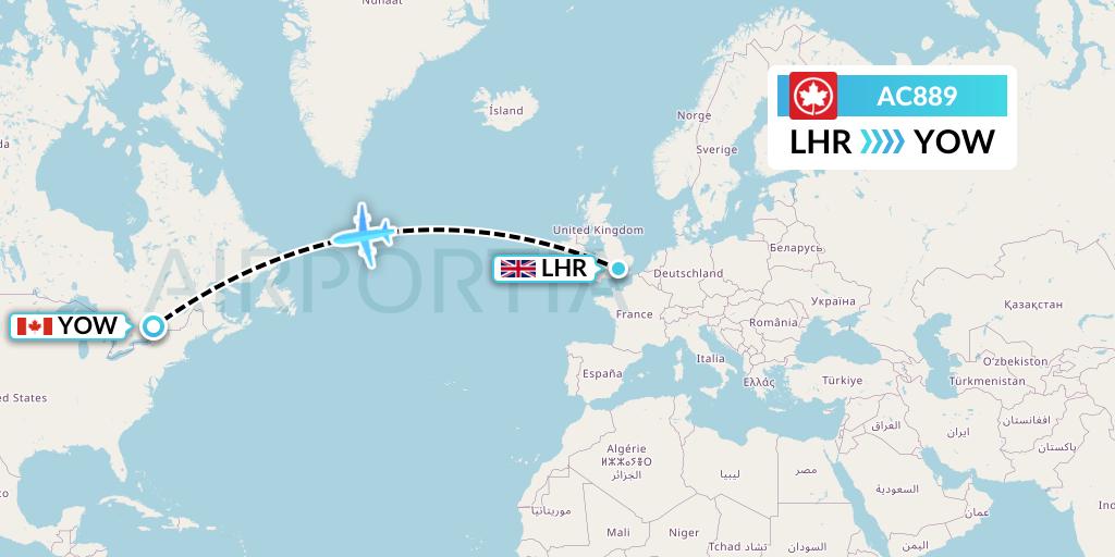 AC889 Air Canada Flight Map: London to Ottawa