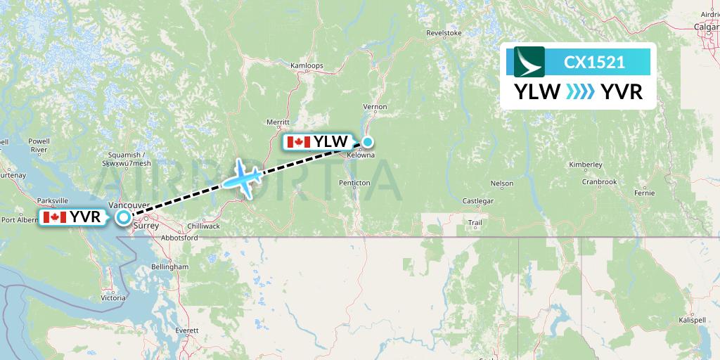 CX1521 Cathay Pacific Flight Map: Kelowna to Vancouver