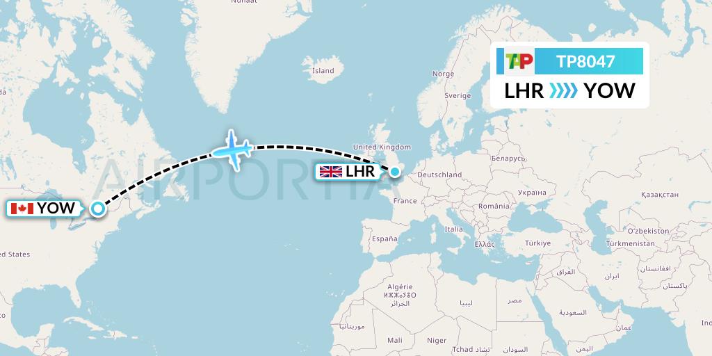 TP8047 TAP Portugal Flight Map: London to Ottawa
