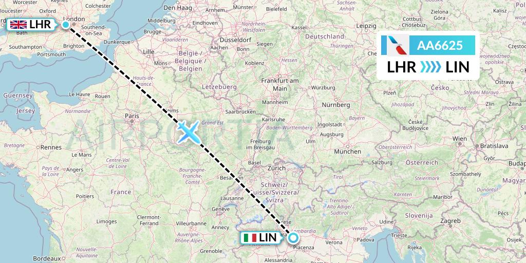 AA6625 American Airlines Flight Map: London to Milan
