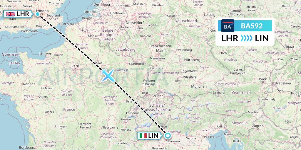 BA592 British Airways Flight Map: London to Milan