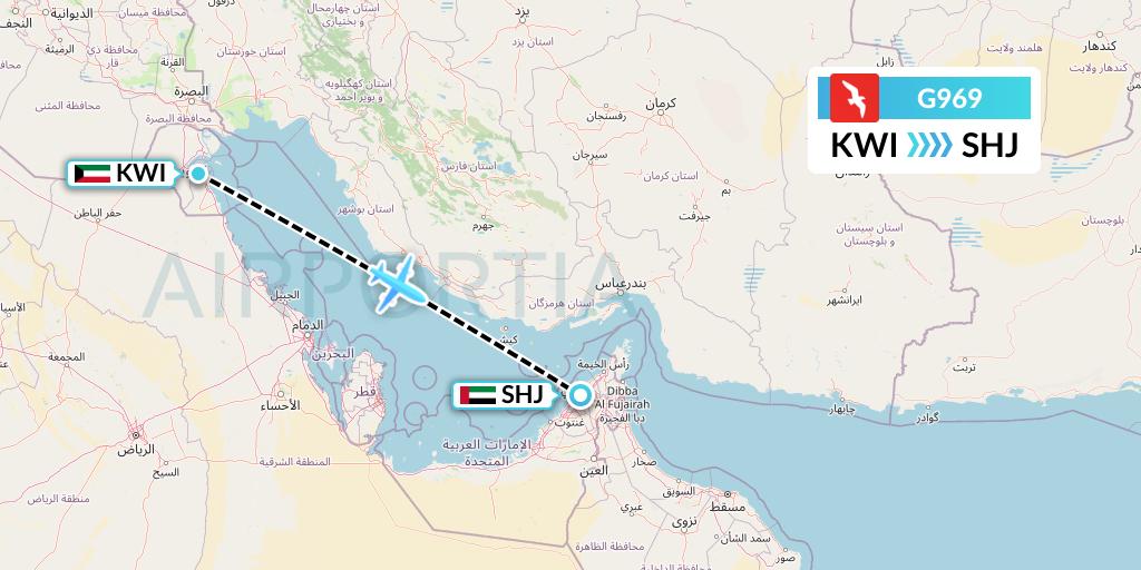 G969 Air Arabia Flight Map: Kuwait City to Sharjah