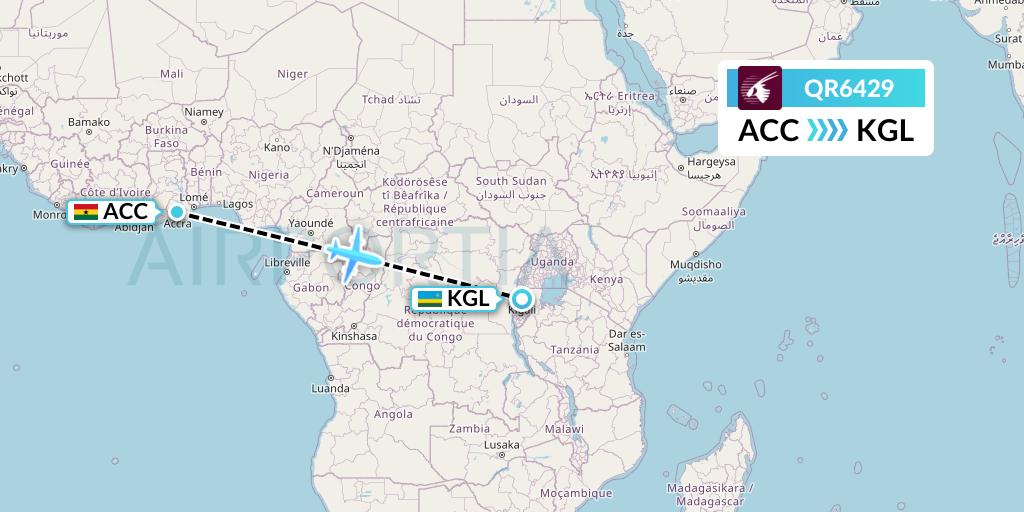 QR6429 Qatar Airways Flight Map: Accra to Kigali