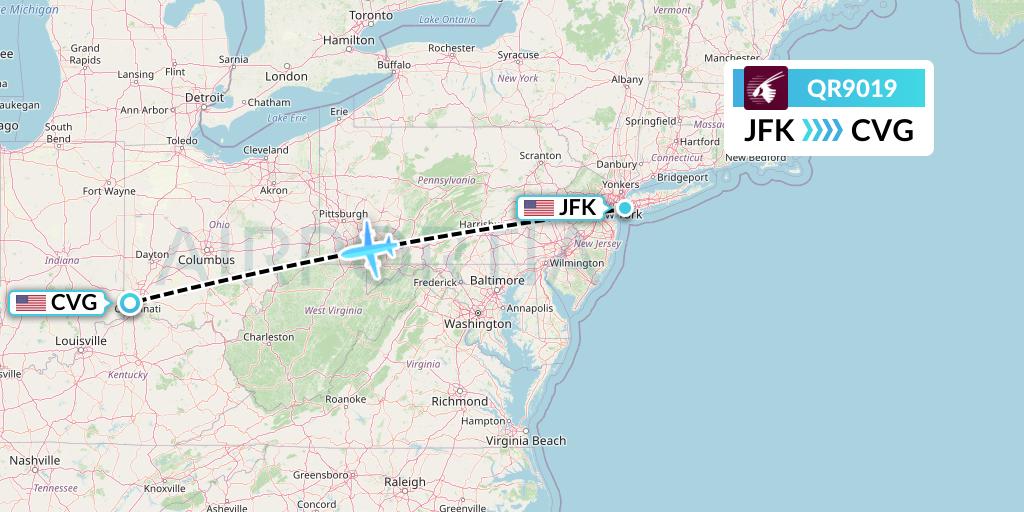 QR9019 Qatar Airways Flight Map: New York to Cincinnati