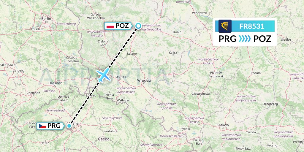 FR8531 Ryanair Flight Map: Prague to Poznan