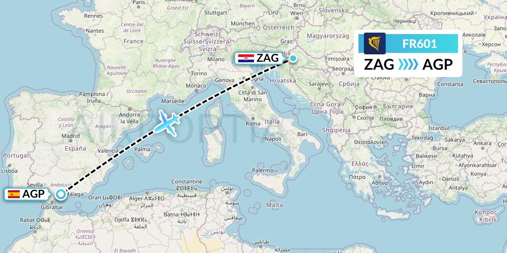 FR601 Ryanair Flight Map: Zagreb to Malaga