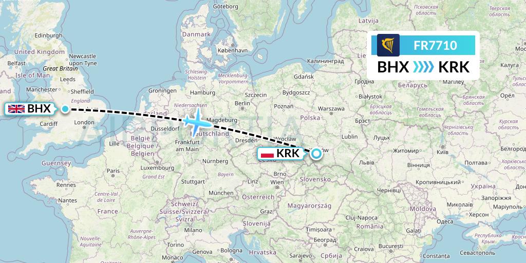 FR7710 Ryanair Flight Map: Birmingham to Krakow