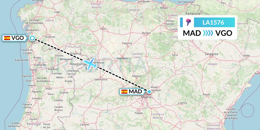 LA1576 LAN Airlines Flight Map: Madrid to Vigo