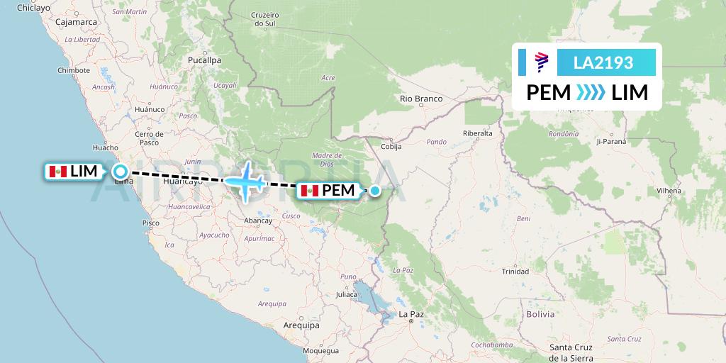 LA2193 LAN Airlines Flight Map: Puerto Maldonado to Lima