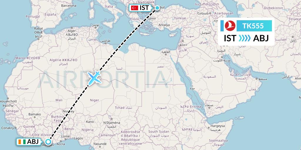 TK555 Turkish Airlines Flight Map: Istanbul to Abidjan