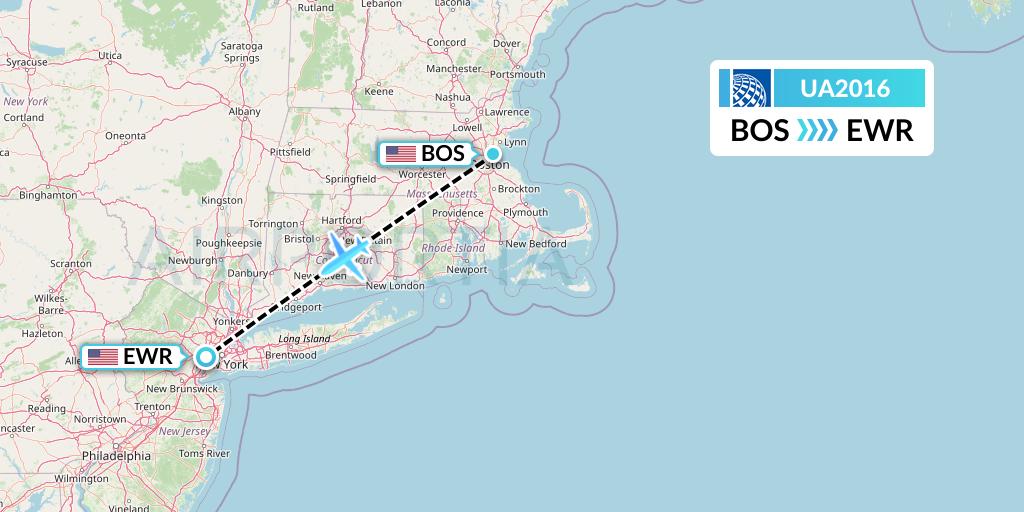 UA2016 United Airlines Flight Map: Boston to New York