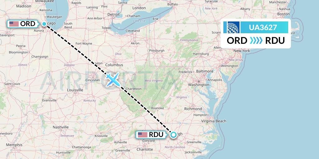 UA3627 United Airlines Flight Map: Chicago to Raleigh-Durham