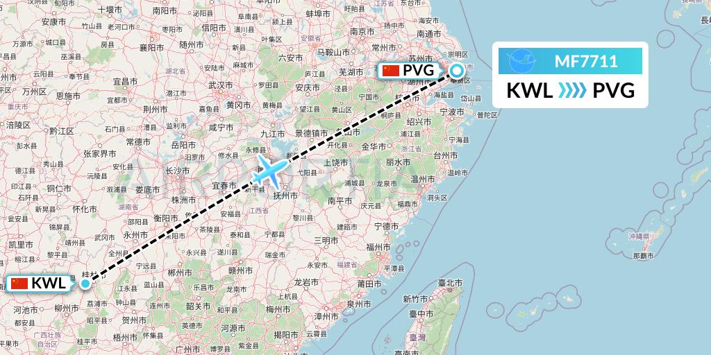 MF7711 Xiamen Airlines Flight Map: Guilin to Shanghai