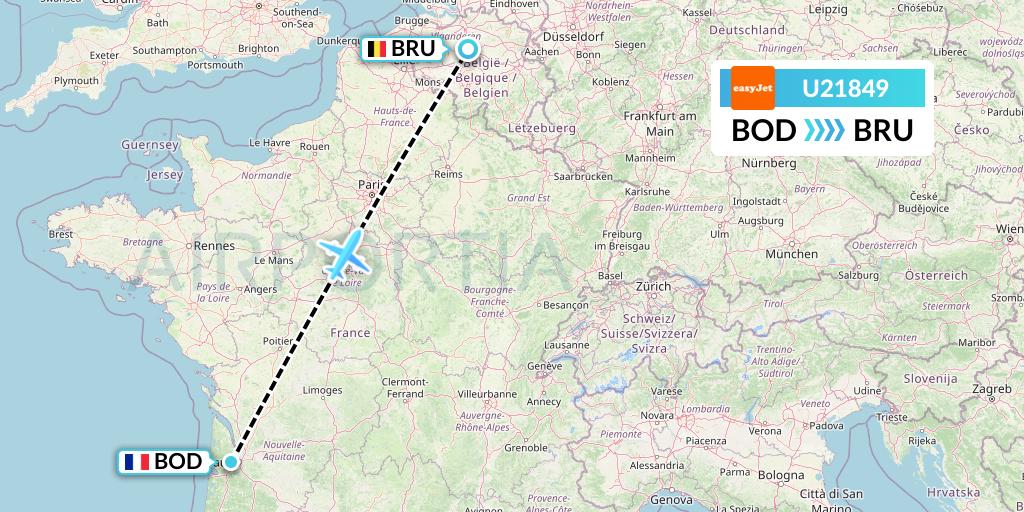 U21849 EasyJet Flight Map: Bordeaux to Brussels