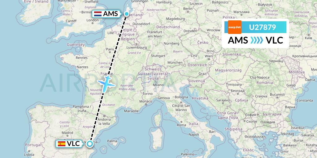 U27879 EasyJet Flight Map: Amsterdam to Valencia