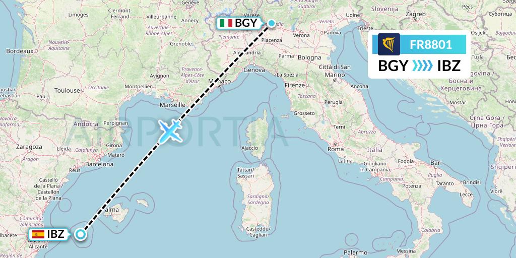 FR8801 Ryanair Flight Map: Milan to Ibiza