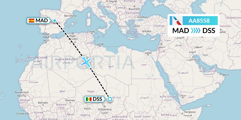 AA8558 American Airlines Flight Map: Madrid to Dakar