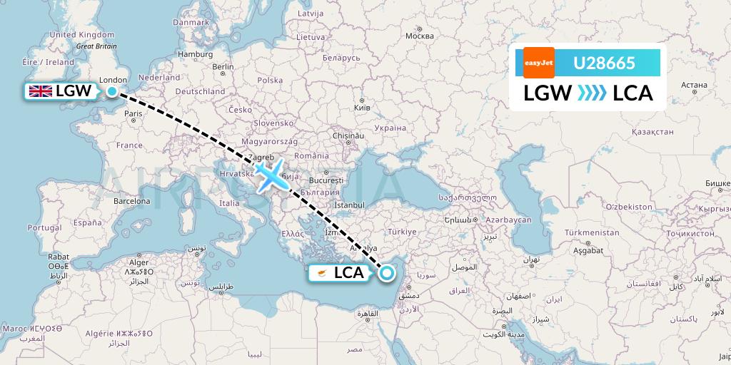 U28665 EasyJet Flight Map: London to Larnaca