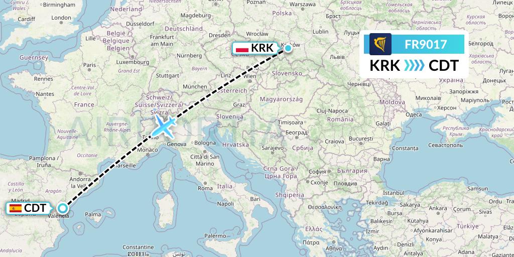 FR9017 Ryanair Flight Map: Krakow to Castellon de la Plana
