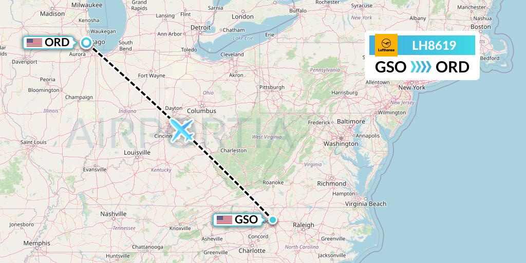 LH8619 Lufthansa Flight Map: Greensboro to Chicago